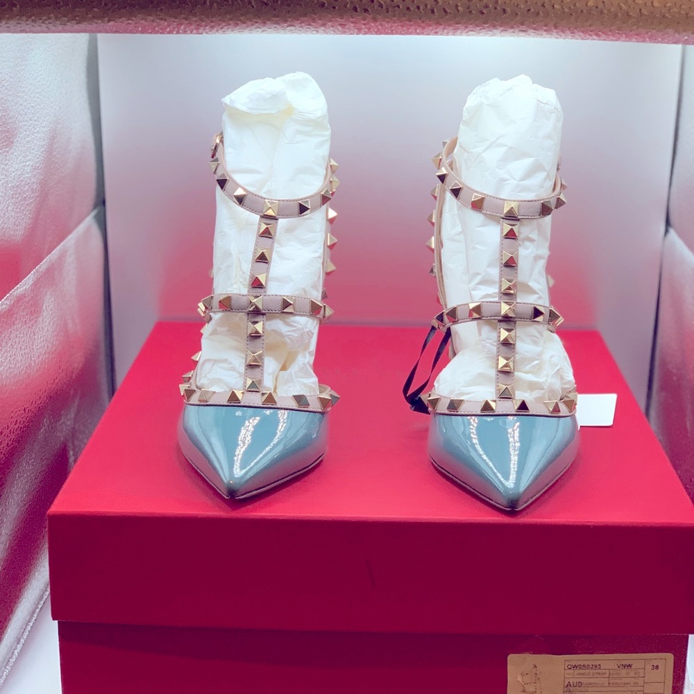 New Valentino Rockstud Heels, Patent Leather Teal, Size 38